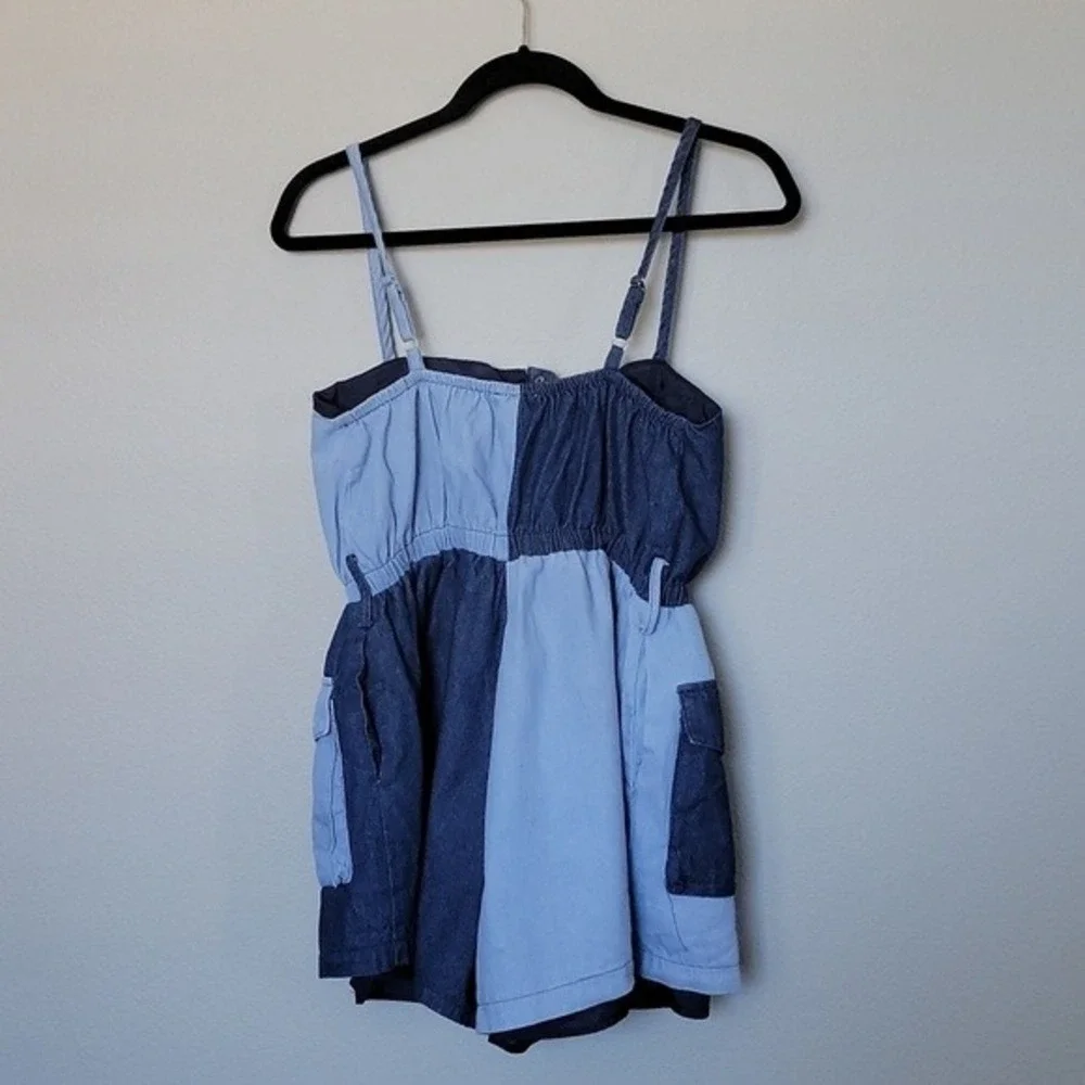 L'atiste 90's Y2K Summer Patchwork Sleeveless Denim Chambray Romper Jrs. Large - Picture 6 of 10